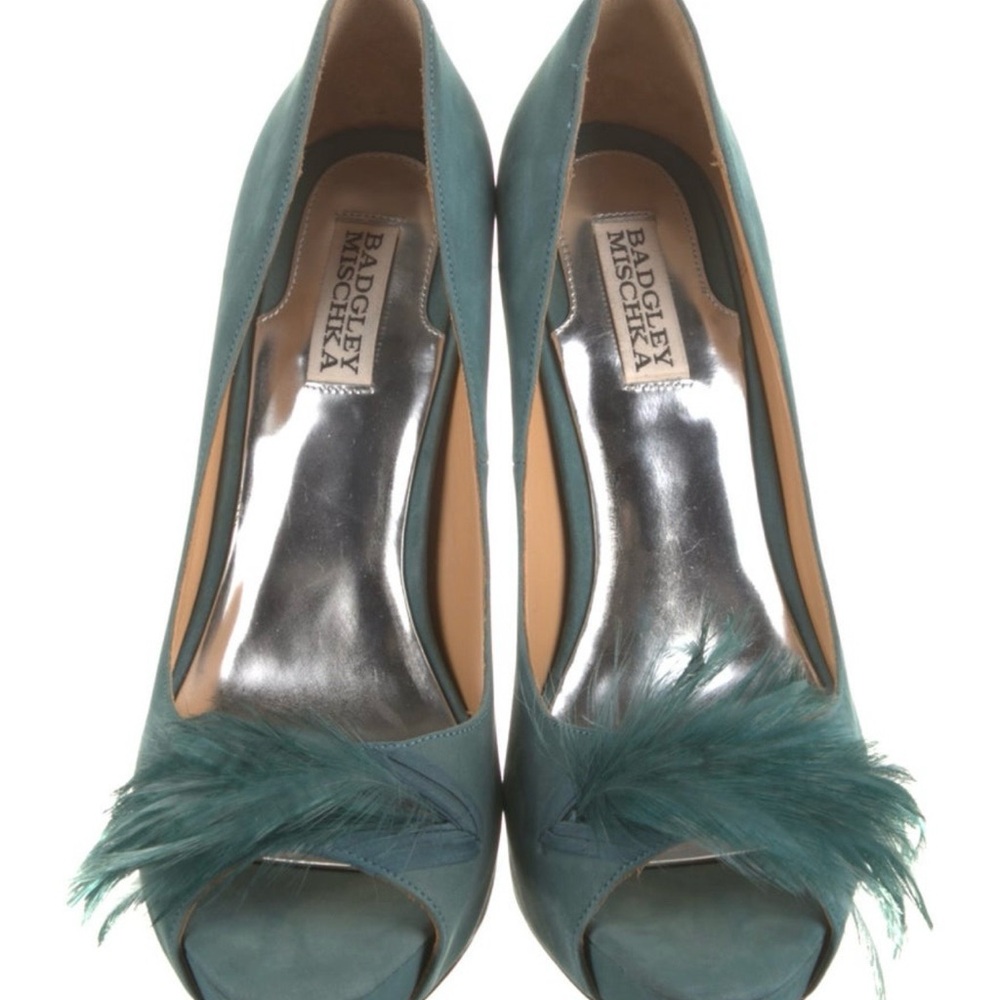 Badgley Mischka Teal Feather Peep Toe Heels